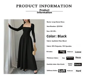 Detail view of square neck black long sleeve dress with fabric composition chart