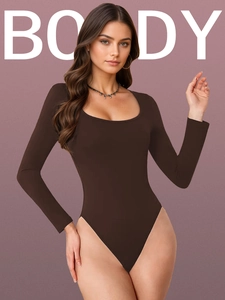 Body Femme Slim Fit Col Carré Manches Longues Couleur Unie Polyester Élasthanne Couche de Base Élastique Combinaison Top Décontracté