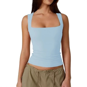 Front detail of light blue square neck slim fit ribbed tank top with elastic fabric