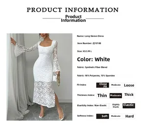 Detail of white lace sleeve texture and fabric composition on a square neck dress