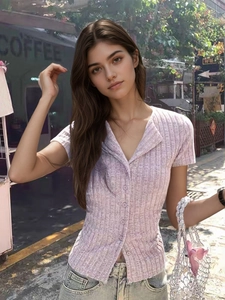 T-Shirt à Manches Courtes Col en V pour Femmes Texture Nervurée Coupe Slim Haut en Tricot Été Violet Uni Décontracté