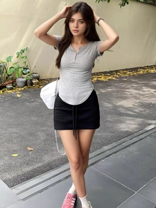 Slim fit grey Henley T-shirt and black mini skirt with drawstring for summer streetwear