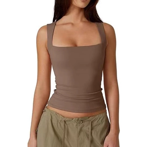 Detail of coffee brown square neck slim fit tank top with wide straps and elastic fabric
