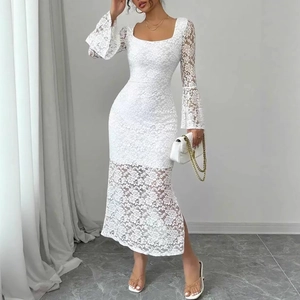 Detail of elegant white lace midi dress featuring a square neck and flared bell sleeves