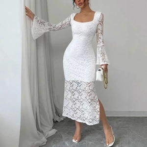 Detail of square neckline and floral lace texture on white bodycon dress with flared sleeves