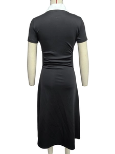 Back view of a black slim-fit midi dress with white lapel collar and ruched waist detail