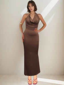 Elegant chocolate satin halter neck maxi dress with gold ring detail and slim fit design