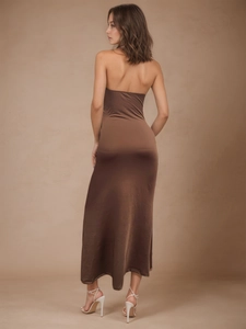 Elegant brown backless halter maxi dress with silky finish and bodycon fit for women