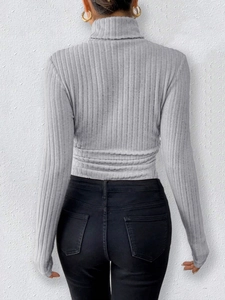 Slim fit light grey ribbed knit long sleeve turtleneck bodysuit for women back view