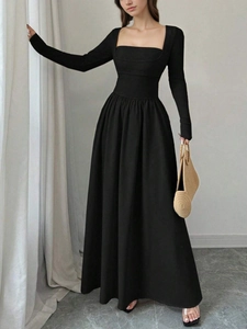 Elegant Women Square Neck Fake Two-Piece Long Sleeve Dress Slimming Waist A-Line Maxi Dress Retro Party Autumn Clothing