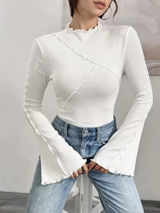 Women's Slim Fit Lettuce Trim Ribbed Knit Top Flare Sleeve Mock Neck Solid White T-Shirt Decorative Stitched Long Sleeve Tee
