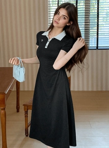 Women's Polo Collar Color Block Midi Dress Ruched Waist Bow Decor Short Sleeve Polyester Patchwork Slimming Black Dress