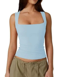 Slim fit light blue square neck tank top for women styled with khaki cargo pants