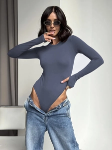 Detail of grey-blue long sleeve bodysuit with high-cut design and ribbed knit fabric