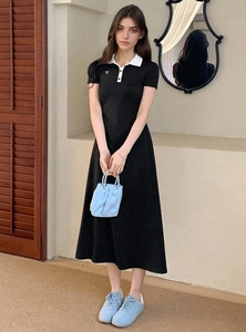 Short sleeve polo dress in black with contrast white collar and bow embroidery details