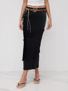 Jupe Midi Patchwork Rétro Français pour Femmes Avec Ceinture Papillon Dentelle Plissé Noir Jupe Taille Haute