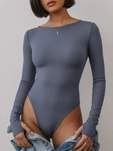 Blue-grey long sleeve bodysuit with off-the-shoulder neckline and slim fit design