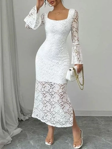 Elegant white lace maxi dress featuring a square neck, flare sleeves and a side slit design