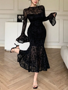 French Elegant Black Flocked Mesh Fishtail Dress For Women Sexy Trumpet Sleeve Slim Fit Evening Party Maxi Dress