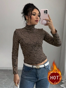 Haut à Manches Longues en Dentelle de Maille à Col Montant pour Femmes Coupe Slim Doublé Polaire Thermique Chemise Florale