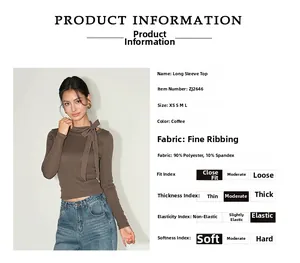 Detail of coffee brown ribbed top showing the bow-tie neckline and fabric texture info