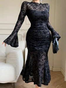 Elegant black mesh floral fishtail dress with flare sleeves and flocking texture