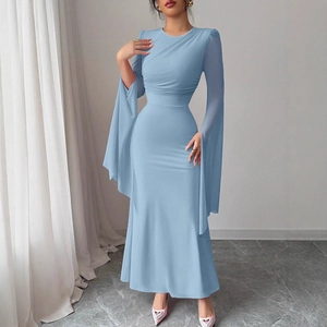 Detail of light blue mermaid dress featuring flared slit mesh sleeves and ruched waist