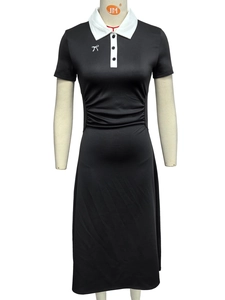 Slim fit black polo dress with contrast white collar and ruched waist detail