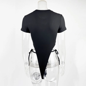 Macro shot of black ribbed bodysuit featuring high-cut back and side lace-up drawstring details