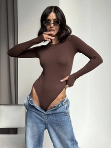 Slim fit deep brown long sleeve bodysuit with a round neck in a minimalist style