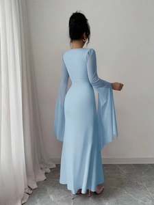 Light blue slim fit maxi dress with elegant bell sleeves and fishtail silhouette
