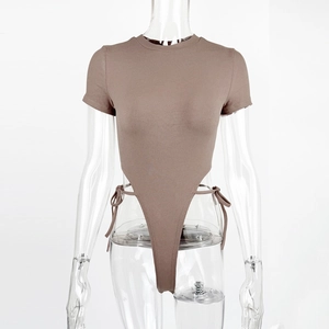 Slim fit coffee brown ribbed bodysuit with short sleeves and side lace-up details