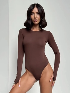 Detail of dark brown long sleeve bodysuit featuring thumbhole cuffs and slim fit design