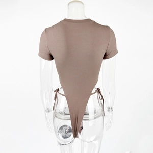 Detail of brown ribbed bodysuit featuring sexy side lace-up design and slim fit cut