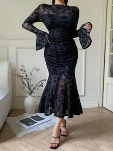 Elegant black mesh floral flocking fishtail dress with trumpet sleeves and high neck