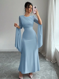 Women Sexy Round Neck Slim Fit Light Blue Mermaid Maxi Dress Elegant Slit Cape Bell Sleeve Patchwork Evening Party Long Dress
