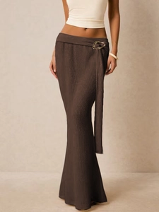 Dames Sexy Geribbelde Gebreide Maxi Rok Met Metalen Gesp Slim Fit Heupomwikkeling Meerminnenrok Lange Kokerrok Herfst Winter