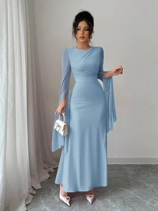 Elegant light blue bodycon fishtail evening dress with mesh sleeves and pleated details