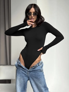 Close-up of a black long-sleeve bodysuit with high-cut design and sleek elastic fabric