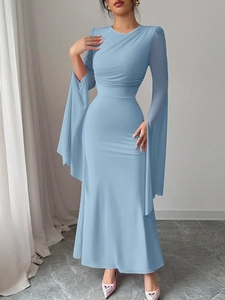 Elegant light blue bodycon fishtail maxi dress with mesh sleeves and waist pleats