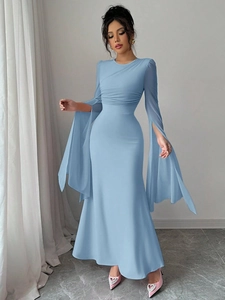 Elegant light blue long sleeve mermaid evening dress with pleated bodice and split sleeves
