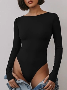 Close-up of black long sleeve bodysuit featuring finger holes and slim-fit elastic fabric