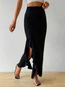 Women Sexy Ruched Ruffle High Waist Skirt Irregular Hem Side Slit Bodycon Midi Skirt Polyester Spandex Black Fashion Bottoms