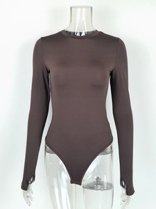 Detail view of smooth chocolate brown long sleeve bodysuit with crew neck on mannequin