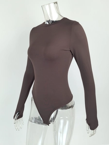 Detail of dark brown long sleeve bodysuit with crew neck and thumbhole cuffs