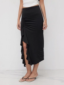 Irregular ruffled high-waist midi skirt with side slit and drawstring design in black