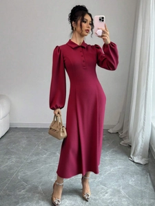 Robe Maxi Élégante Col Polo Rouge Vin Pour Femmes Manches Lanterne Coupe A-Line Slim Couleur Unie Mode Automne