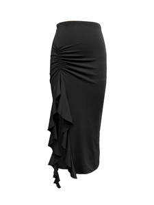 Elegant black high waisted ruched skirt with ruffle hem and irregular split design