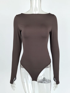 Detail of chocolate long sleeve bodysuit with off-shoulder neck and thumbhole cuffs