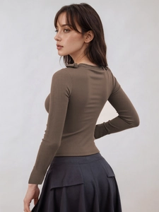 Slim fit dark brown ribbed long sleeve top for women with back bow detail